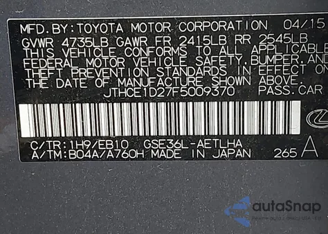 2015 Lexus Is 350 from USA, damaged, VIN JTHCE1D27F5009370